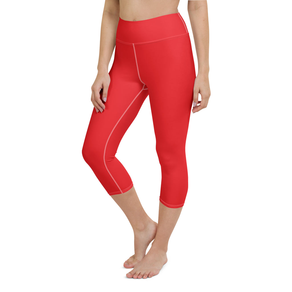 Women’s red high-waisted buttery soft yoga capri leggings with white stitching moisture-wicking and stretch