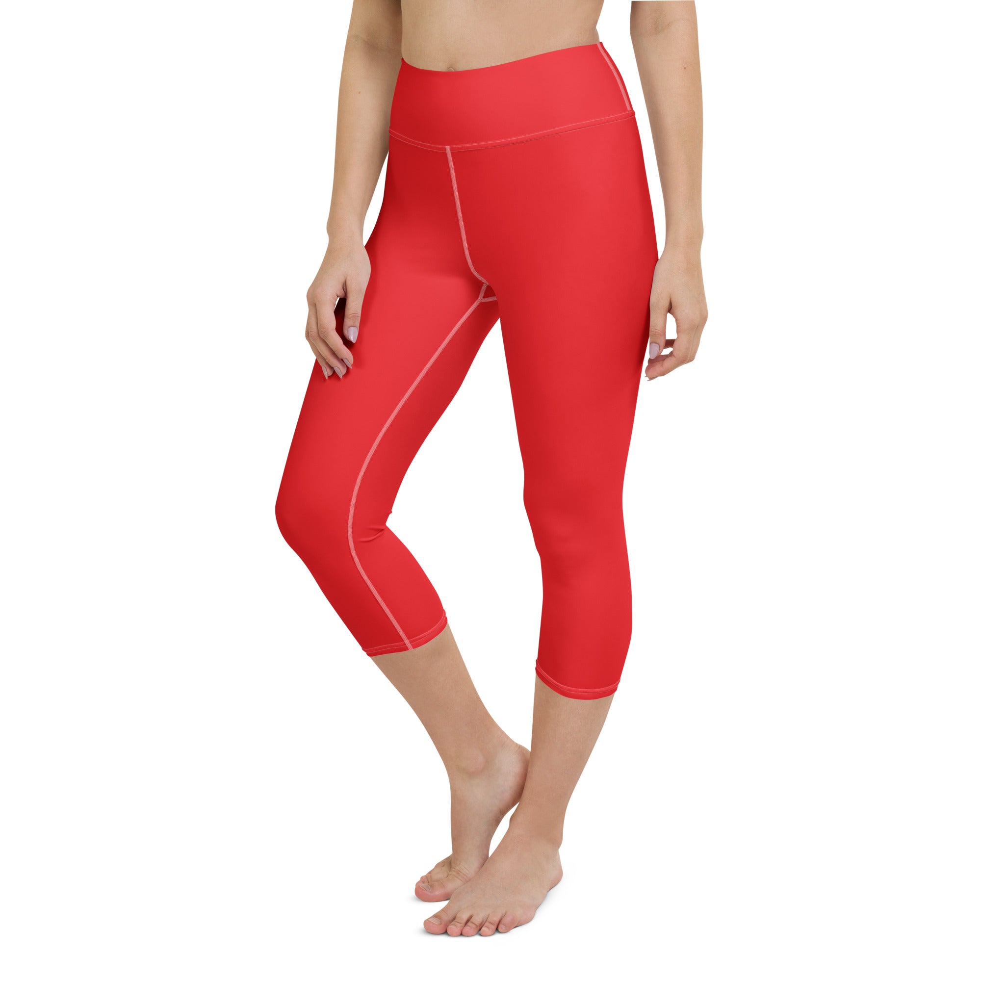 Women’s red high-waisted buttery soft yoga capri leggings with white stitching moisture-wicking and stretch