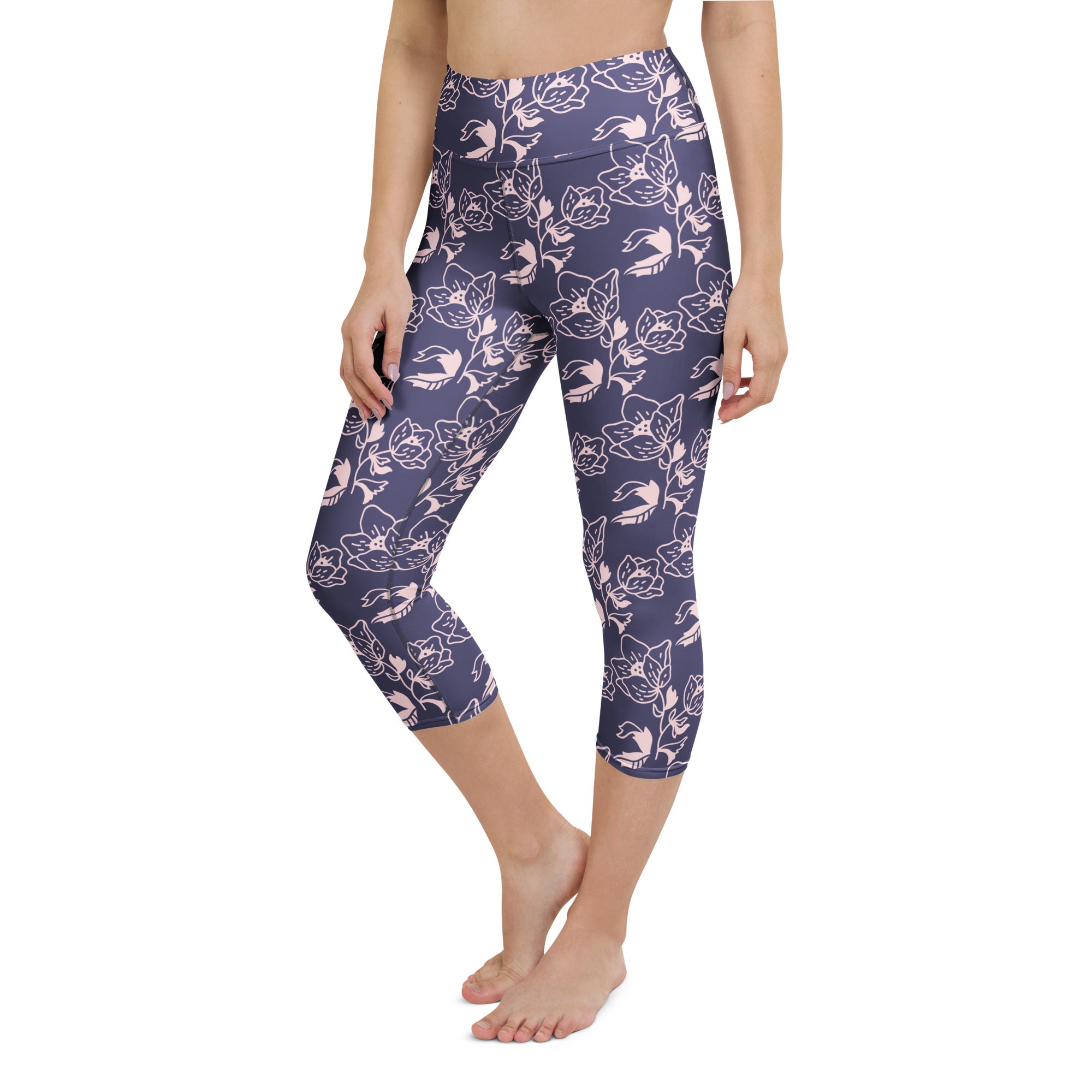 Dark purple high rise women’s yoga capri leggings with white floral pattern buttery soft moisture wicking fabric