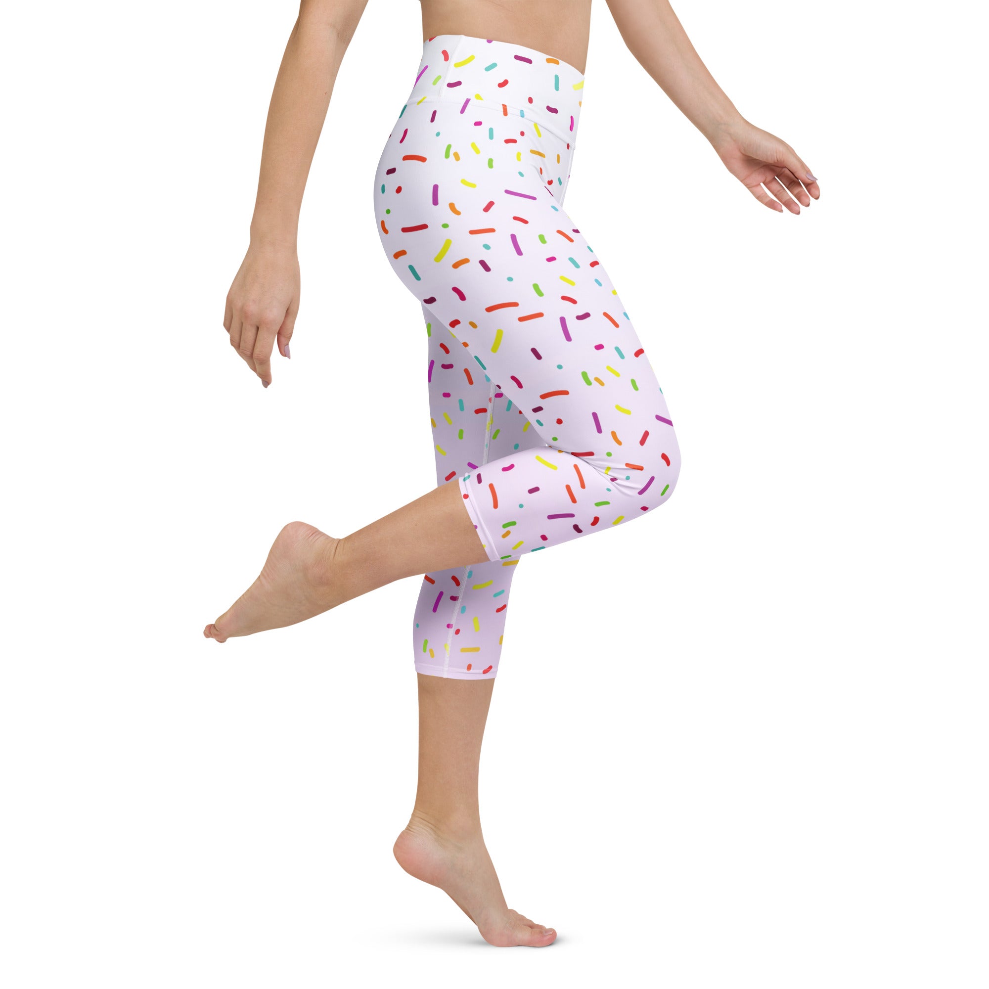 White high-rise buttery soft capri leggings with colorful sprinkle pattern moisture-wicking yoga pants