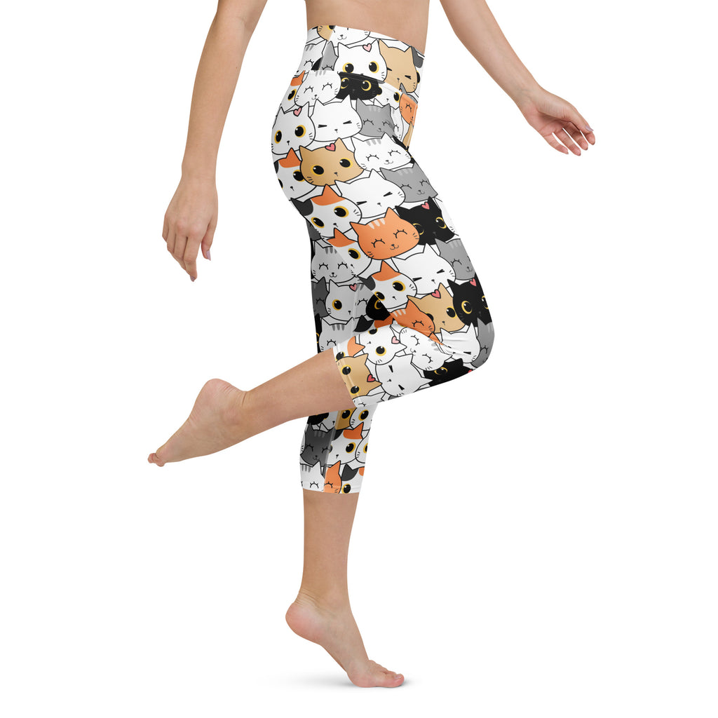 Women’s high-rise cat face capri leggings in white black gray and orange buttery soft moisture-wicking fabric