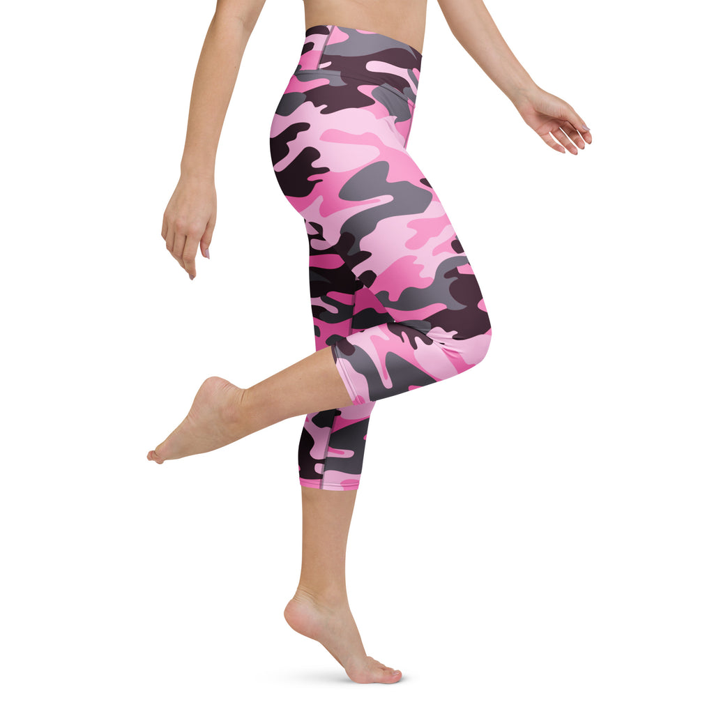 Women’s pink and black camouflage buttery soft high-rise yoga capri leggings with moisture-wicking stretch fabric