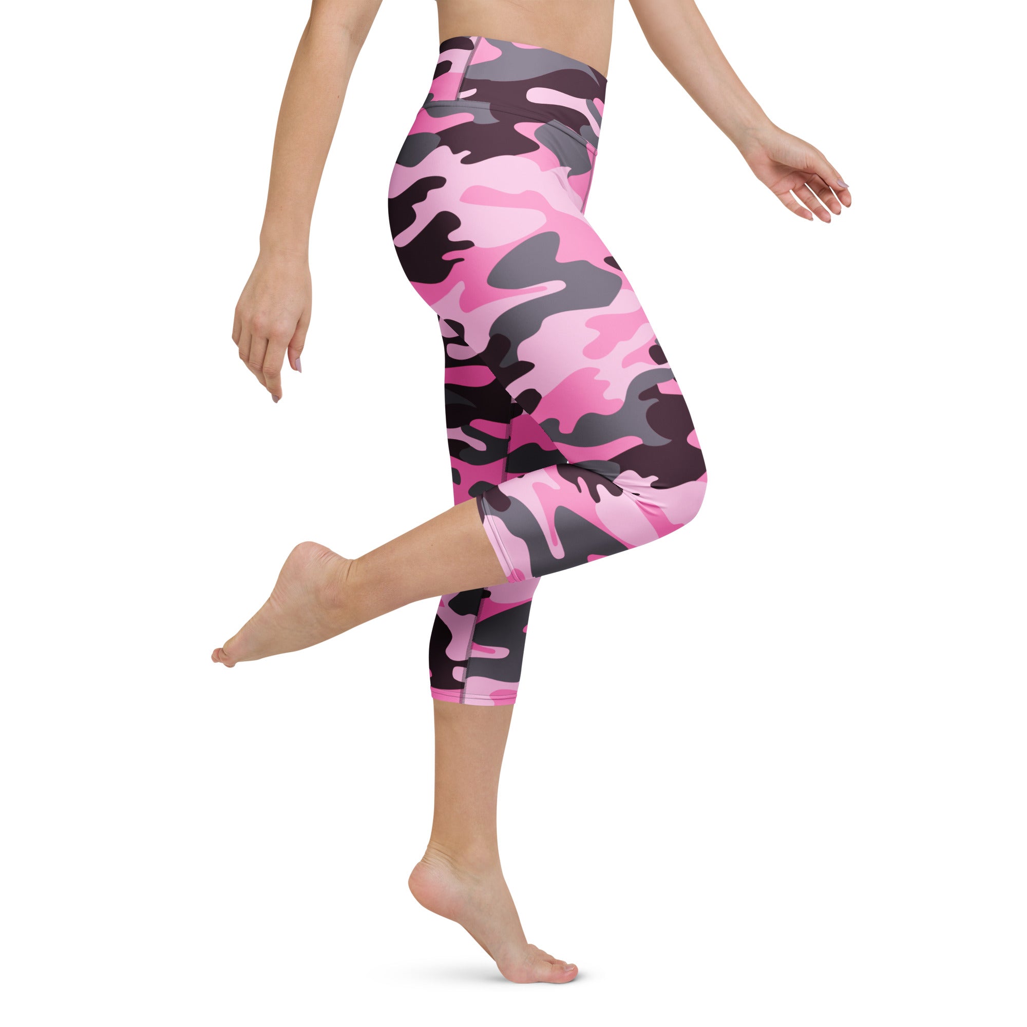 Women’s pink and black camouflage buttery soft high-rise yoga capri leggings with moisture-wicking stretch fabric