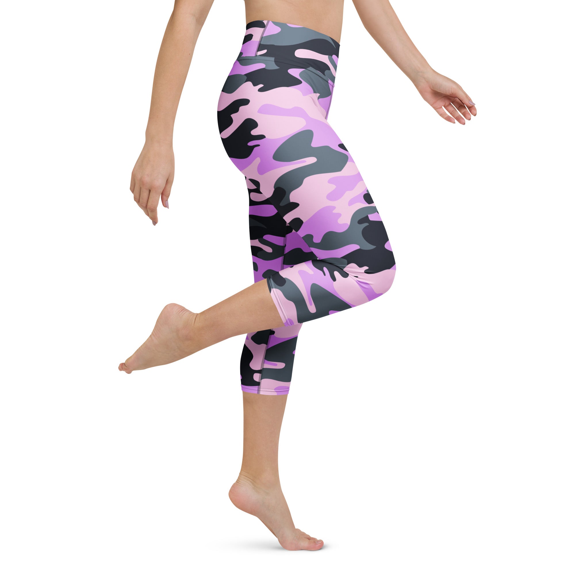 Women’s purple and black camouflage high-rise buttery soft yoga capri leggings with moisture-wicking soft stretch fabric