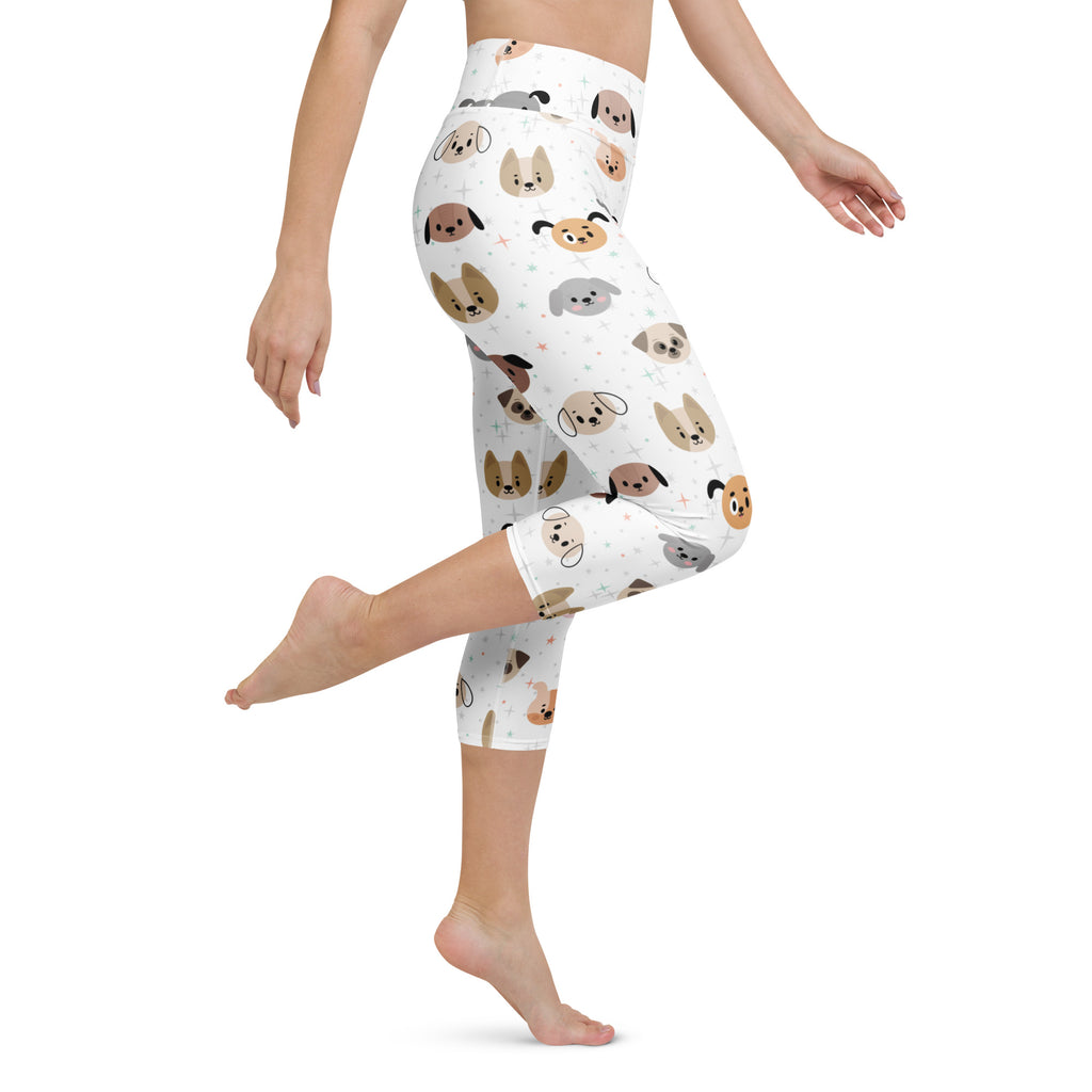 White capri leggings with playful cartoon dog pattern in brown gray and tan buttery soft high rise yoga pants