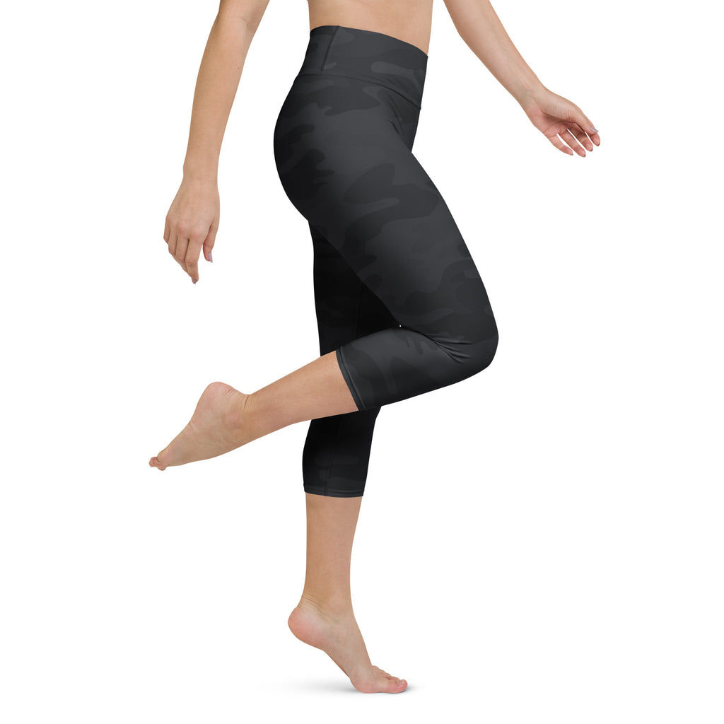 Women’s black camouflage high-rise yoga capri leggings made of buttery soft moisture-wicking stretch fabric