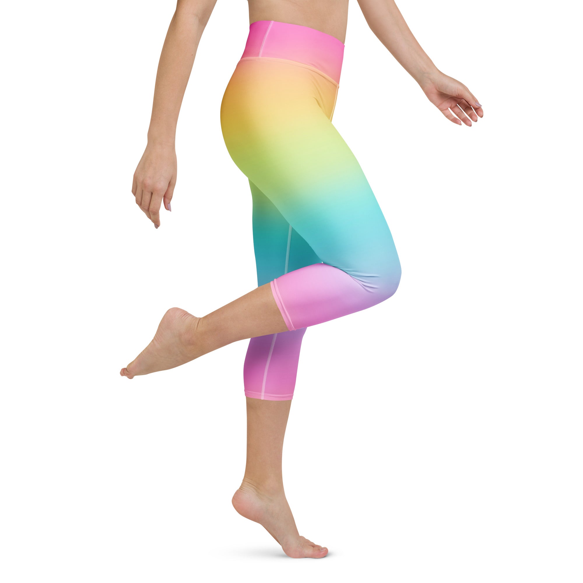 Women’s bright rainbow high-rise capri leggings in buttery soft stretchy moisture-wicking fabric for yoga