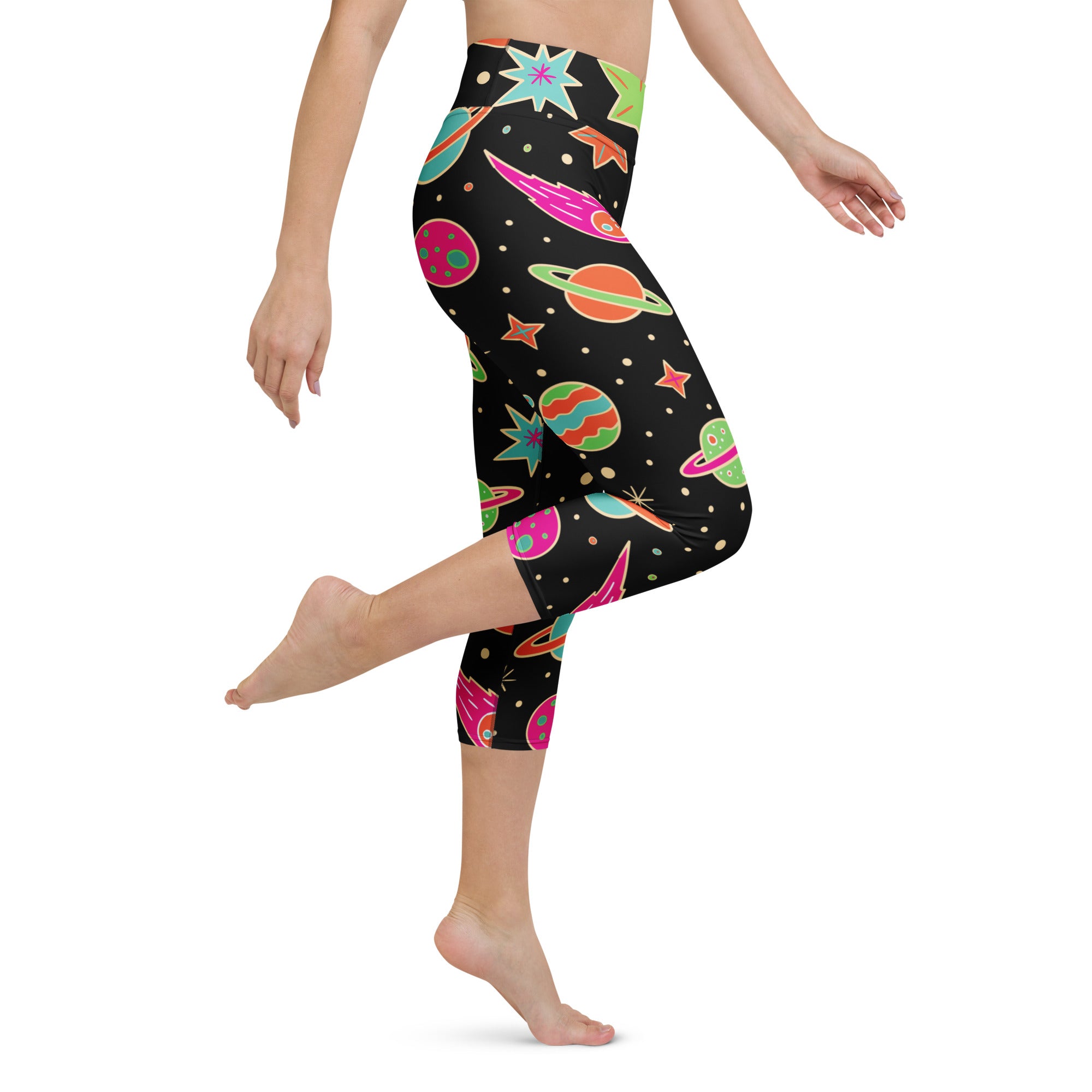 Women’s retro galaxy buttery soft black capri leggings with vibrant neon space pattern high rise moisture wicking