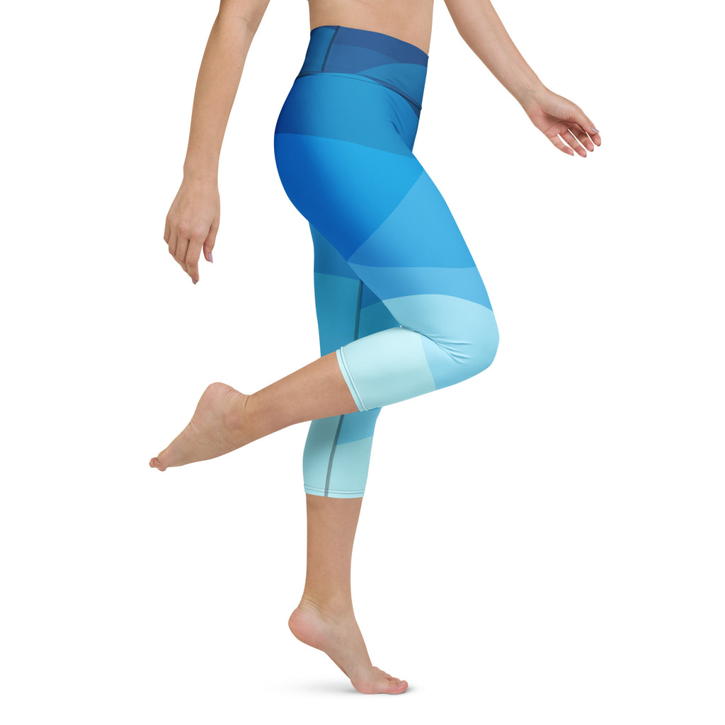 Women’s wavy blue buttery soft yoga capri leggings with high-rise design moisture-wicking soft stretch fabric