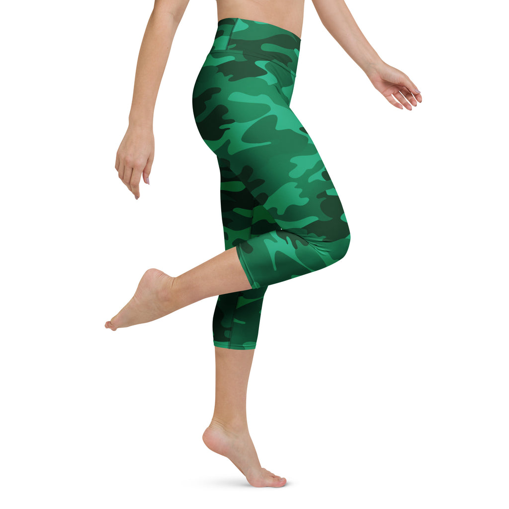 Women’s green camouflage high-rise capri leggings made of buttery soft moisture-wicking stretch fabric for yoga