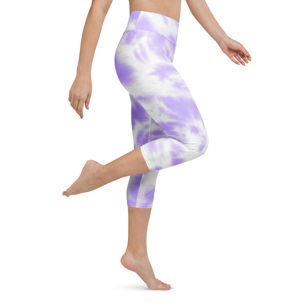 Women’s purple and white tie dye buttery soft high rise moisture wicking yoga capri leggings front view