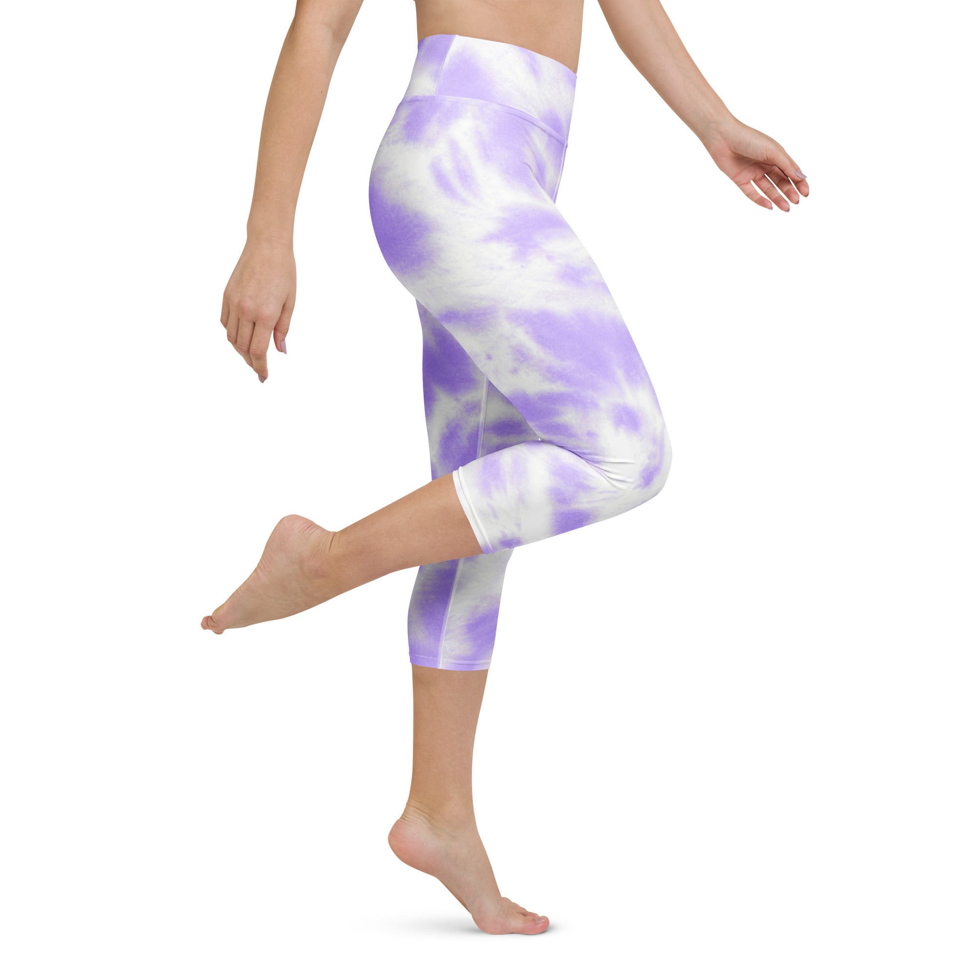 Women’s purple and white tie dye buttery soft high rise moisture wicking yoga capri leggings front view