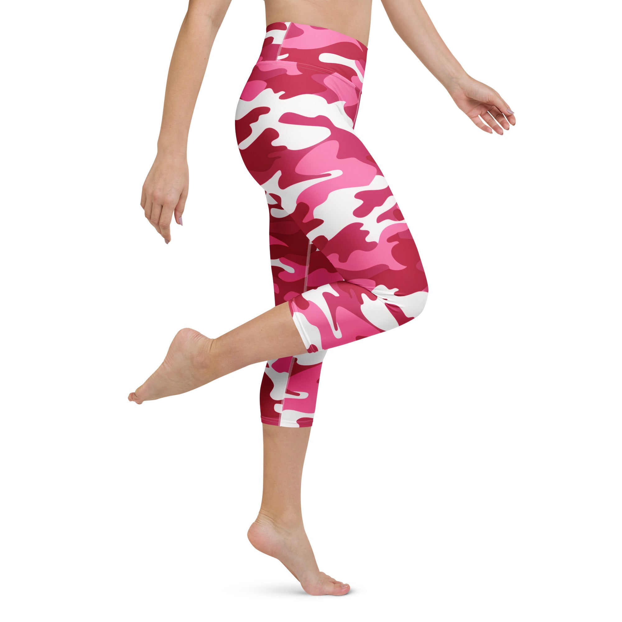 Women’s vibrant pink and white camouflage buttery soft high-rise moisture-wicking yoga capri leggings front view
