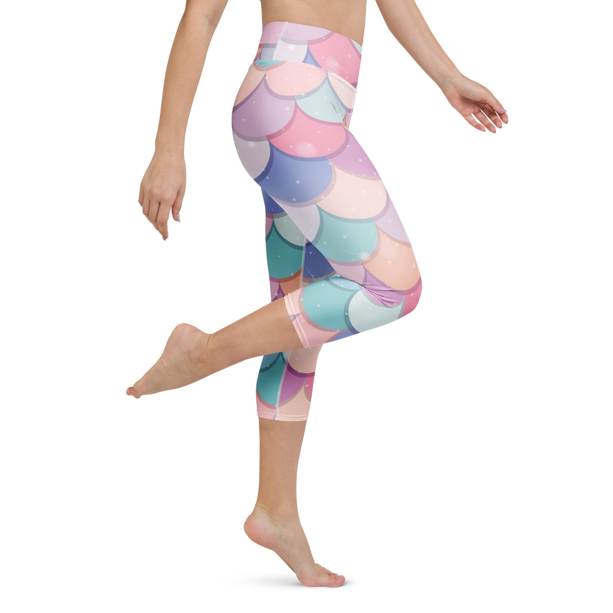 Women’s rainbow mermaid buttery soft high-rise pastel pastel-colored mermaid scale yoga leggings with iridescent finish
