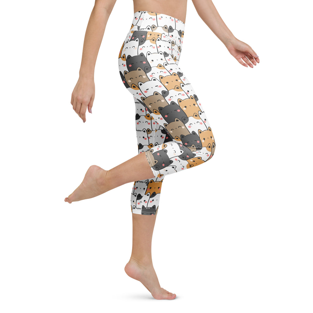 White capri leggings with kawaii black brown and white cartoon cats and pink blush marks high rise soft stretch
