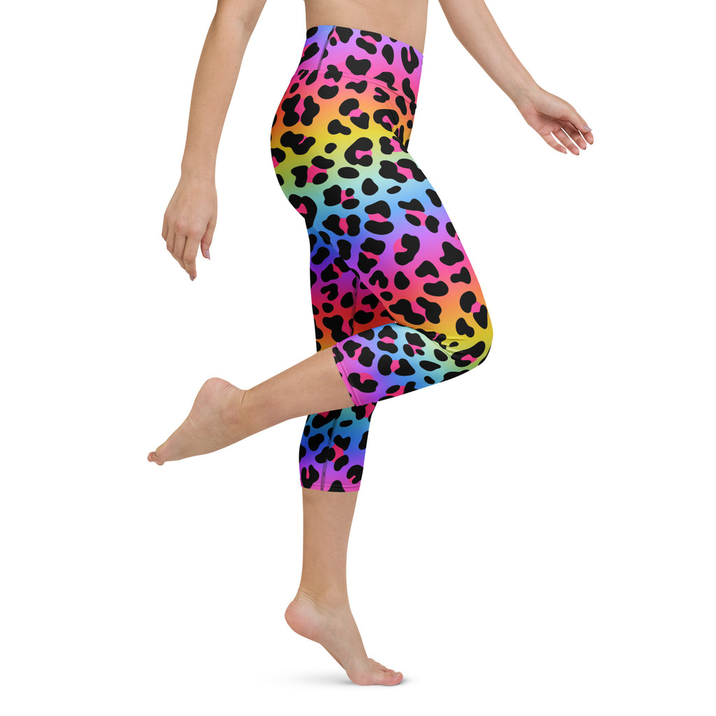 Women’s rainbow leopard buttery soft yoga capri leggings in high-rise moisture-wicking soft stretch fabric