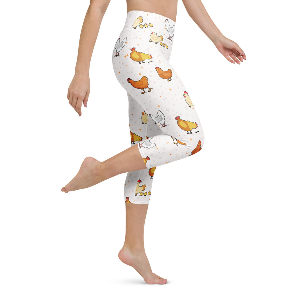White capri leggings with colorful cartoon chickens high-rise moisture-wicking buttery soft yoga activewear