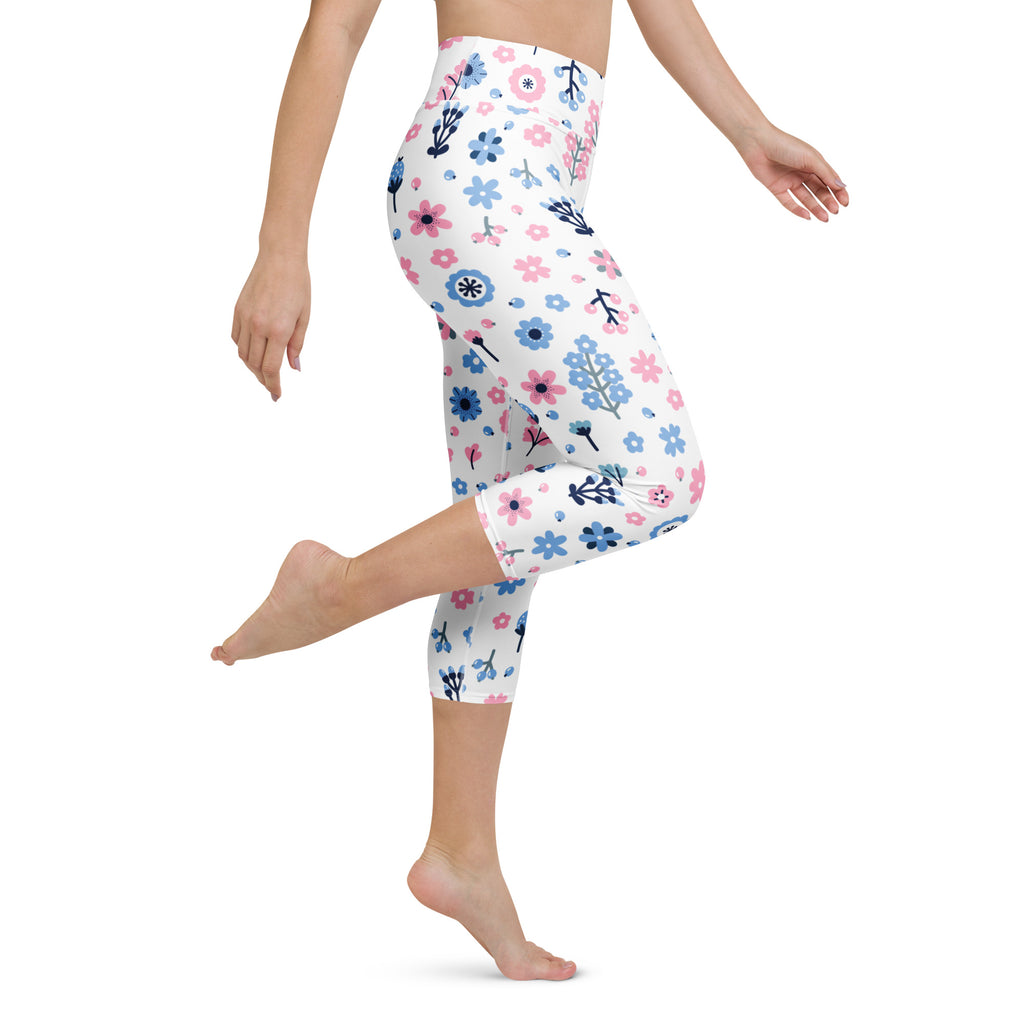 White high-rise capri leggings with pastel pink and blue floral pattern buttery soft moisture-wicking fabric