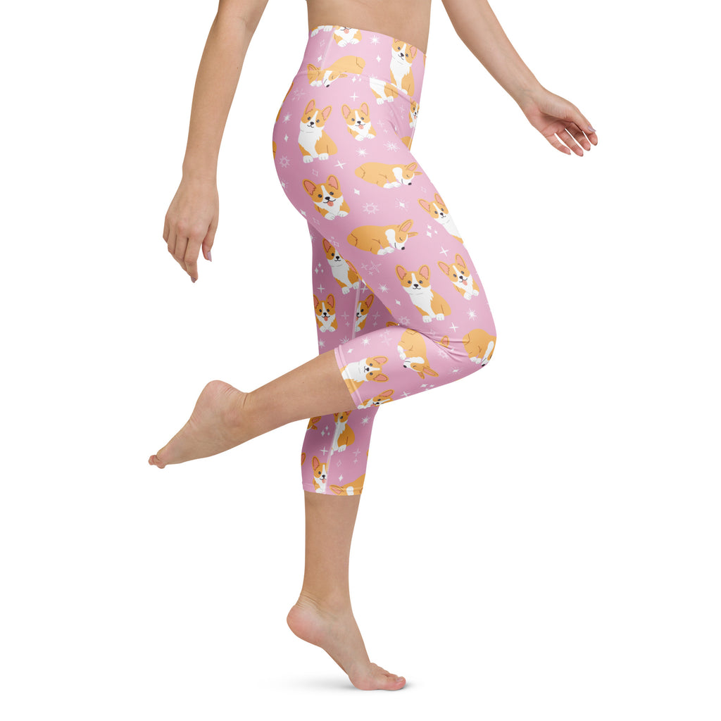 Women's Pink Corgi Dog Buttery Soft Yoga Capri Leggings – High-Rise, Moisture-Wicking, Soft Stretch Activewear Pants