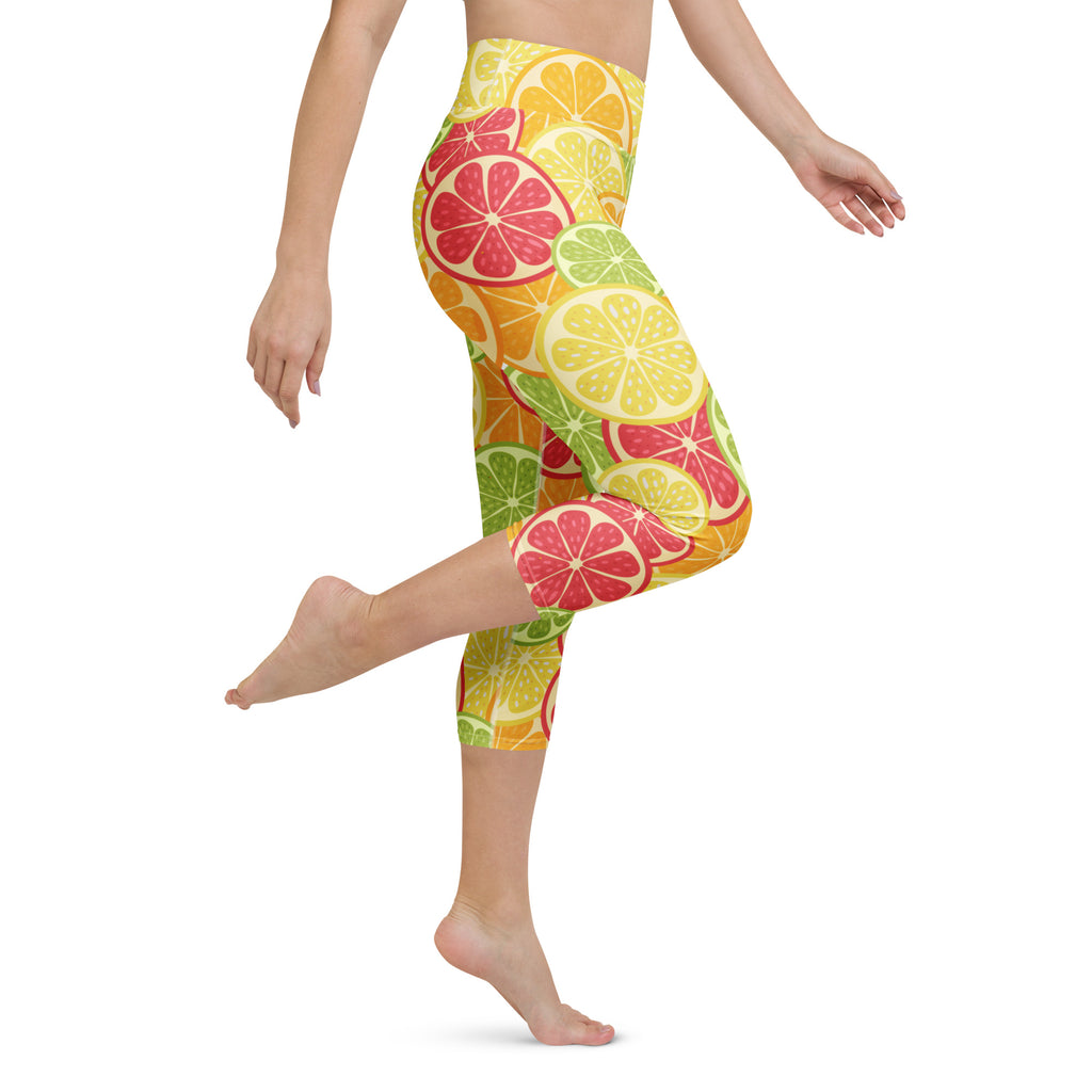 Women’s citrus fruit slices buttery soft yoga capri leggings with vibrant lemon lime and grapefruit pattern