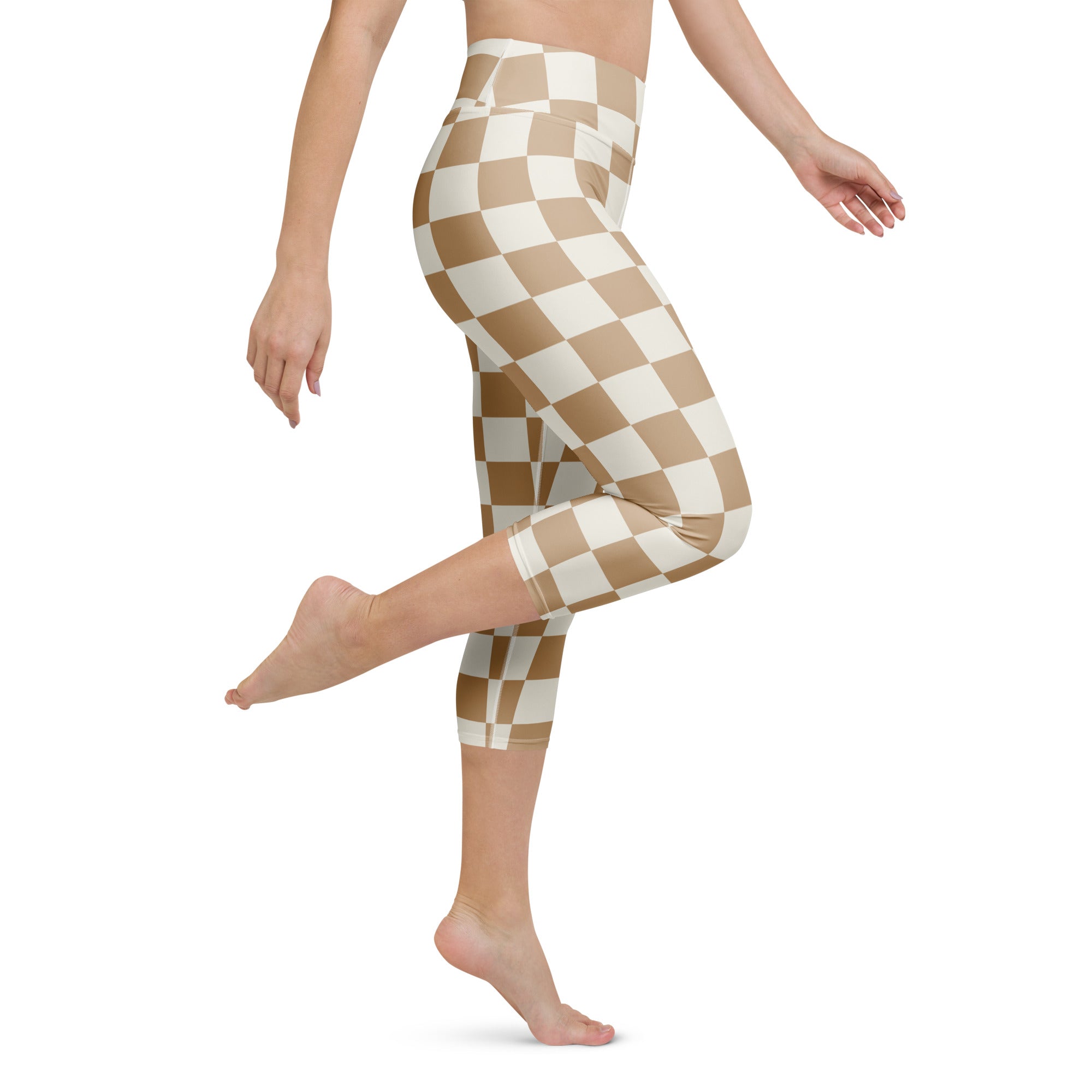 Cream and beige checkered high-rise buttery soft moisture-wicking yoga capri leggings for women