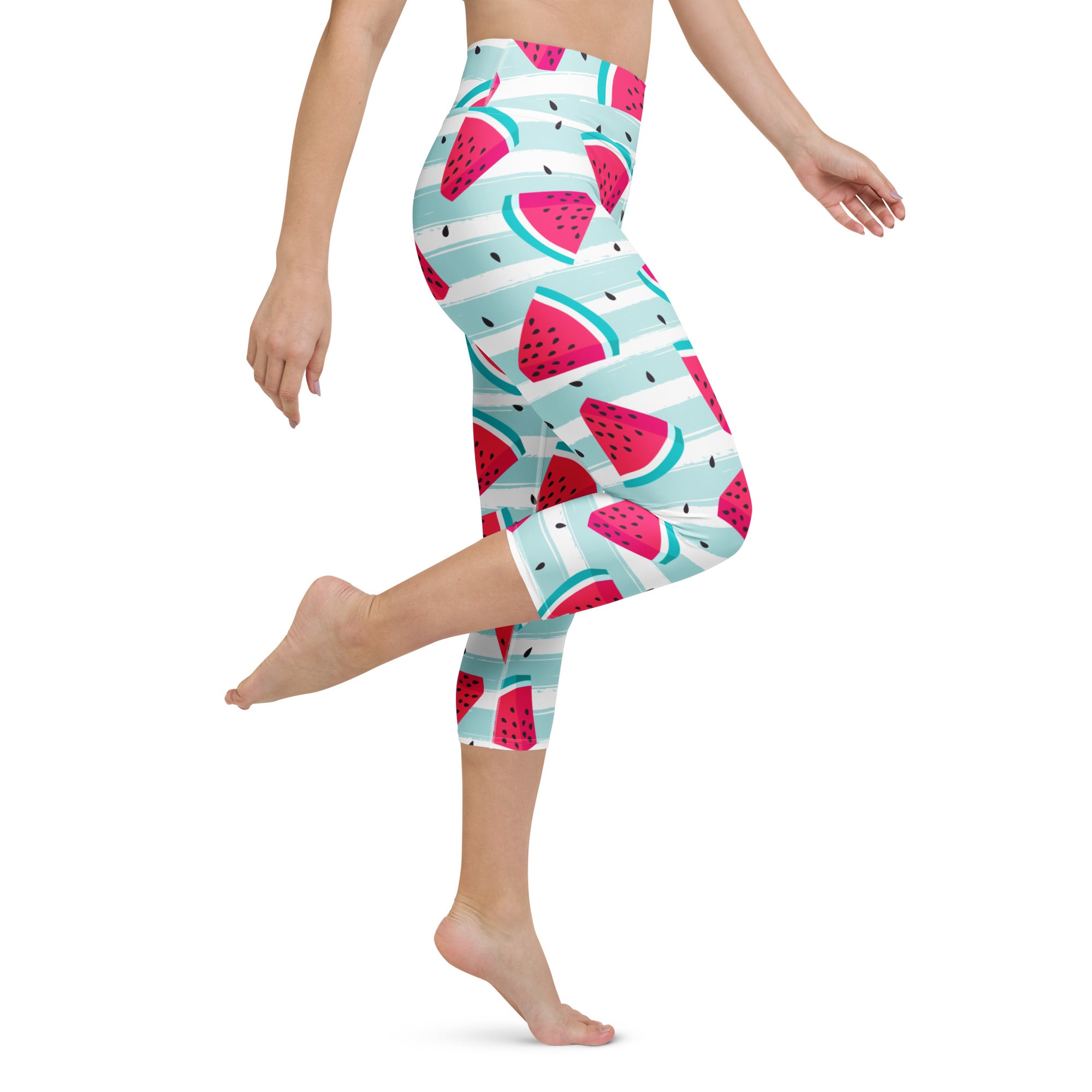 Women’s high-rise watermelon stripe buttery soft yoga capri leggings with vibrant pink and teal stripes