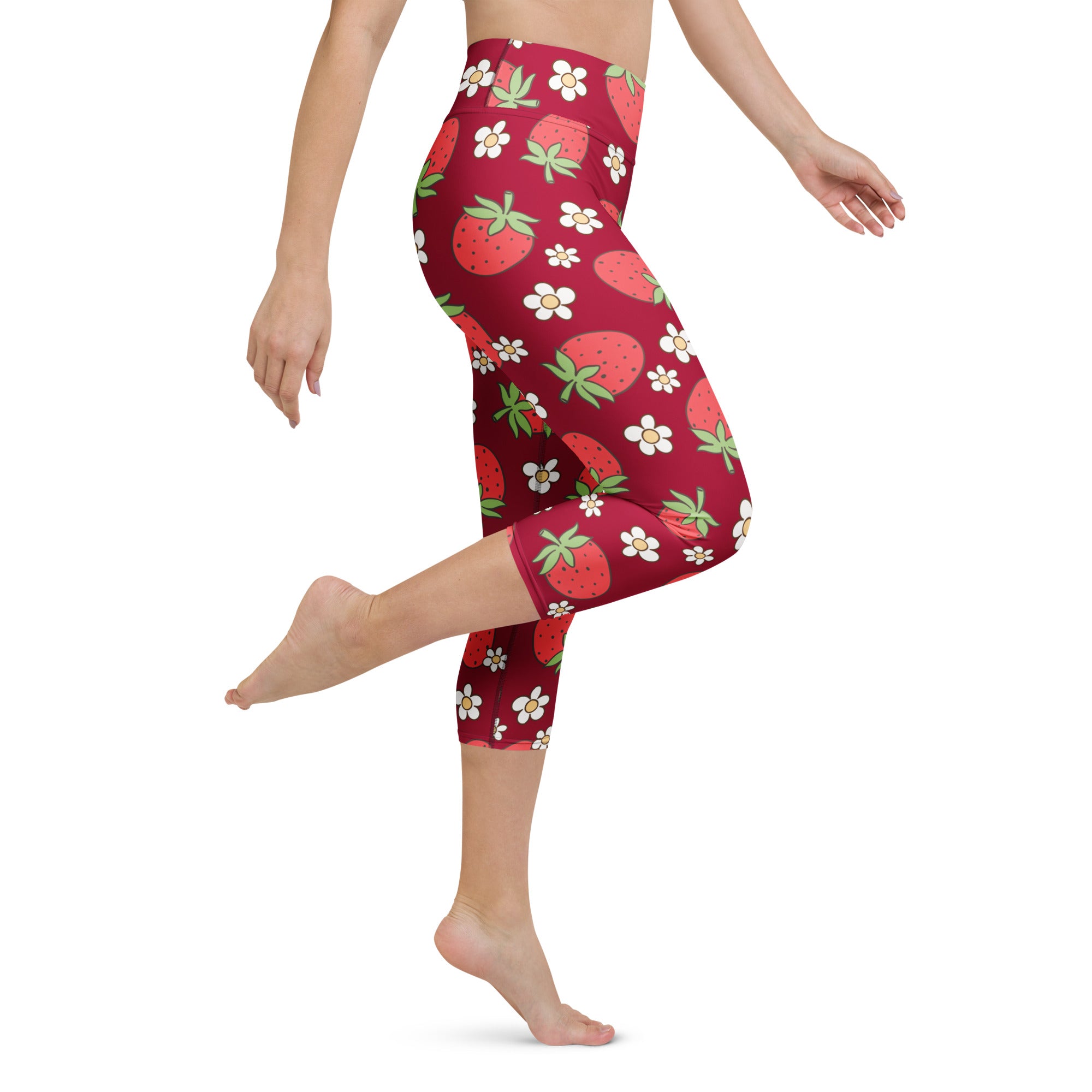 Women’s red strawberry and white daisy patterned buttery soft high-rise yoga capri leggings with moisture-wicking stretch