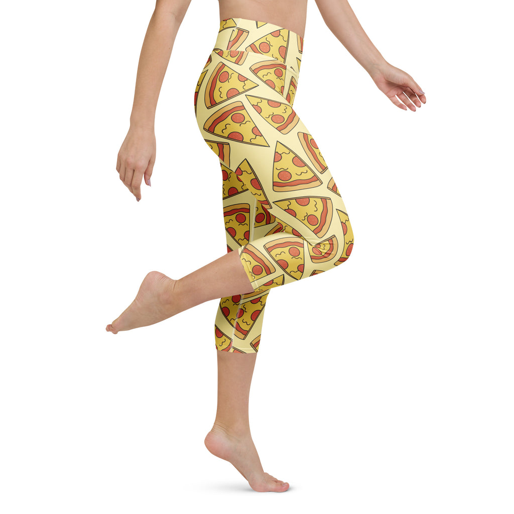 Yellow high-rise buttery soft yoga capri leggings with cartoon pizza slice pattern moisture-wicking stretch