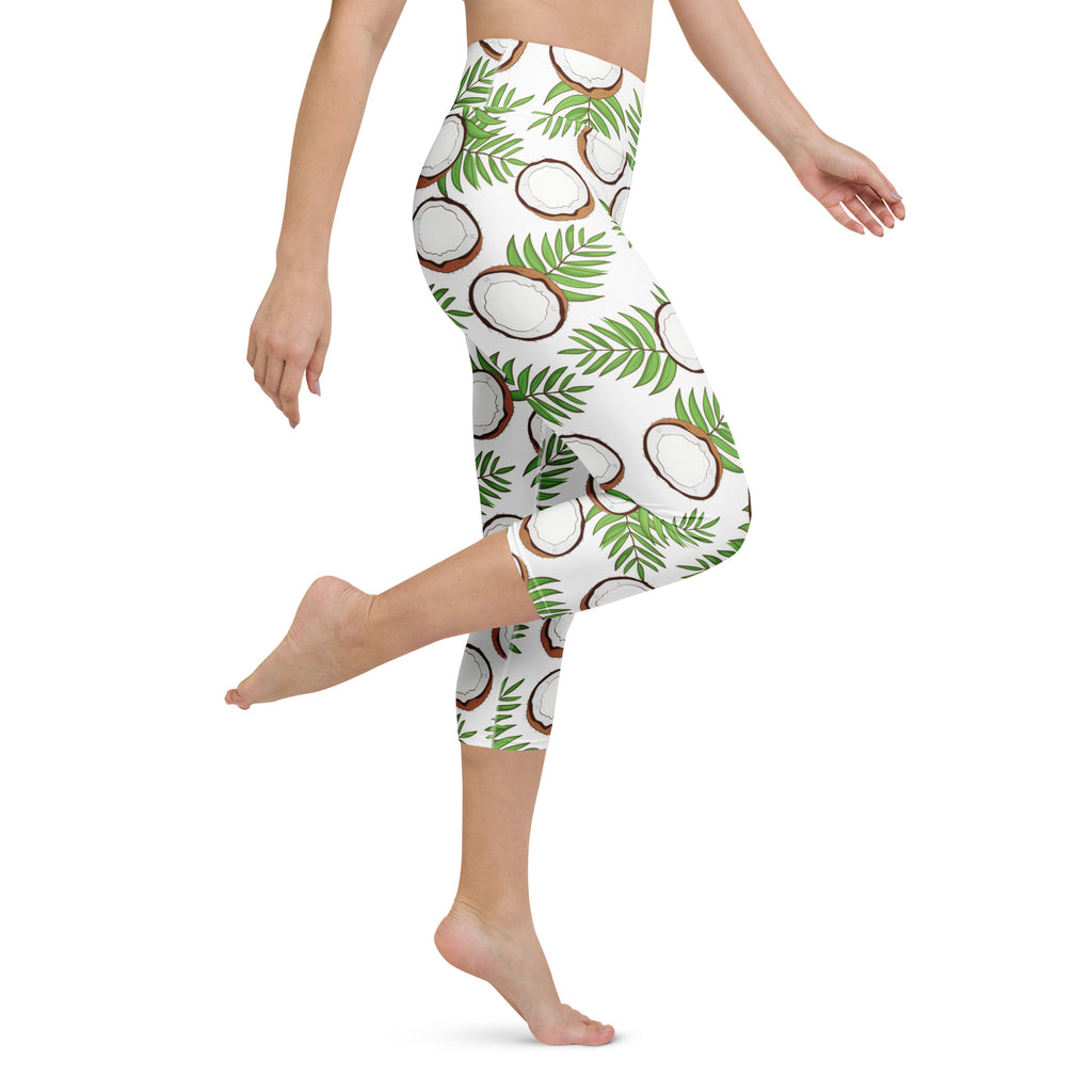 White capri leggings with green palm leaf and halved coconut print high-rise moisture-wicking soft stretch pants