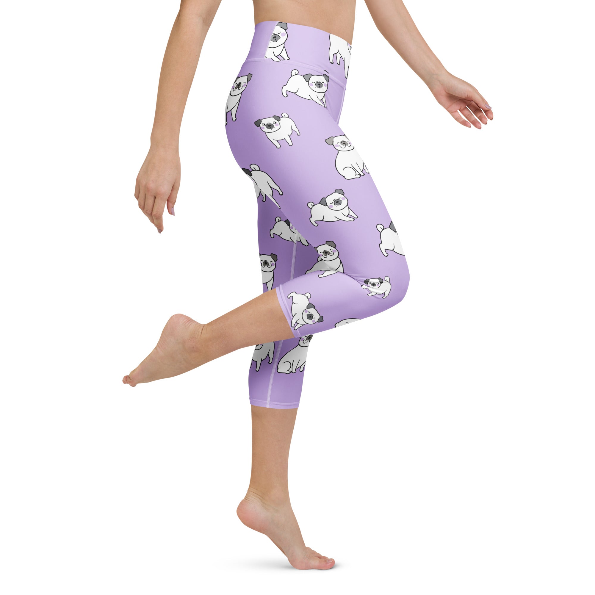 Women’s purple high-rise buttery soft yoga capri leggings with white and gray pug pattern moisture-wicking