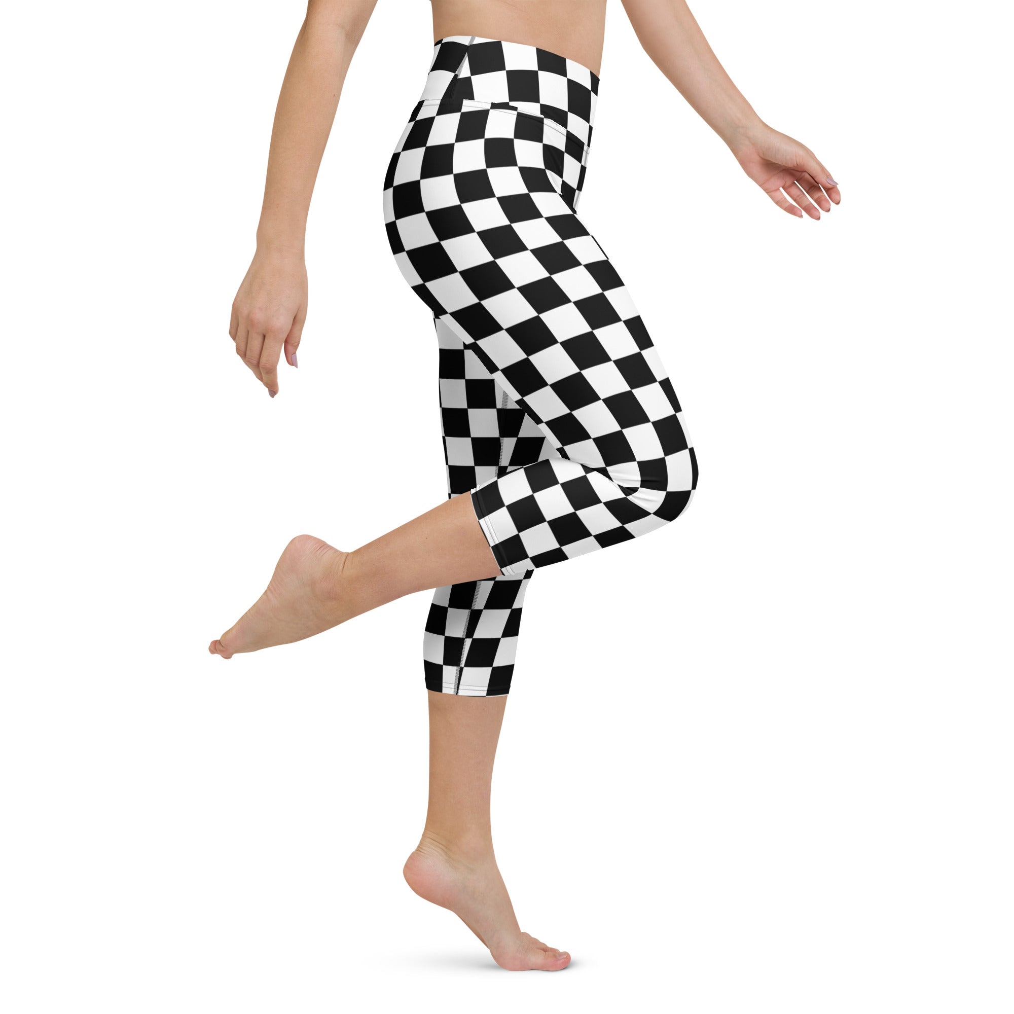 Women’s black and white checkered buttery soft high-rise moisture-wicking yoga capri leggings front view