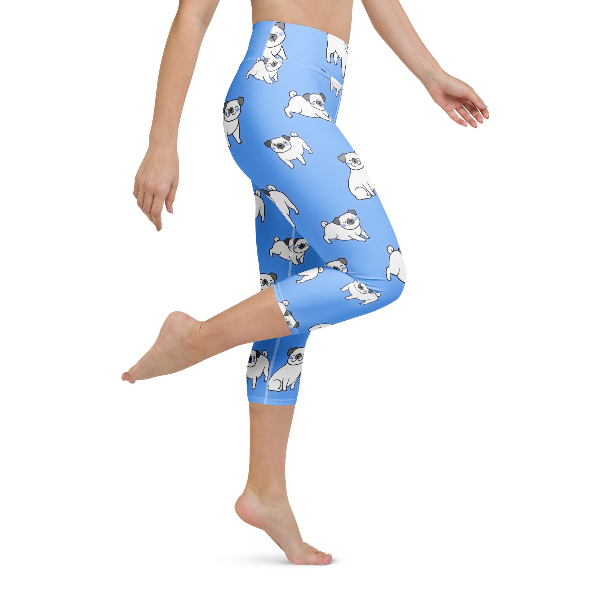 Women’s light blue high-rise capri leggings with white and black pug pattern buttery soft moisture-wicking fabric