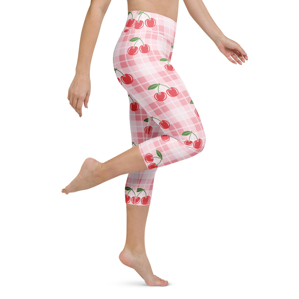 Women’s cherry gingham buttery soft high-rise yoga capri leggings in pink and white plaid with red cherries and green stems
