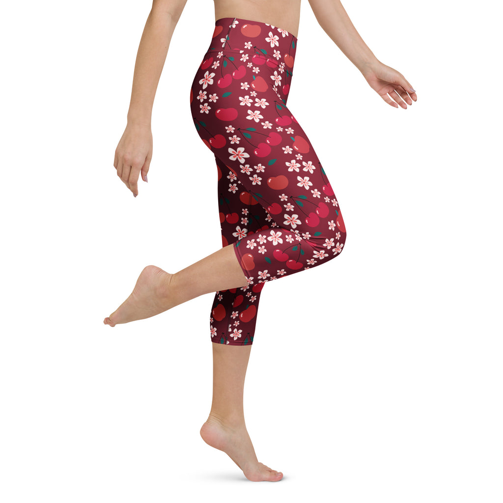 Women’s cherry blossom buttery soft yoga capri leggings with red cherry and pink flower pattern high rise and moisture wicking