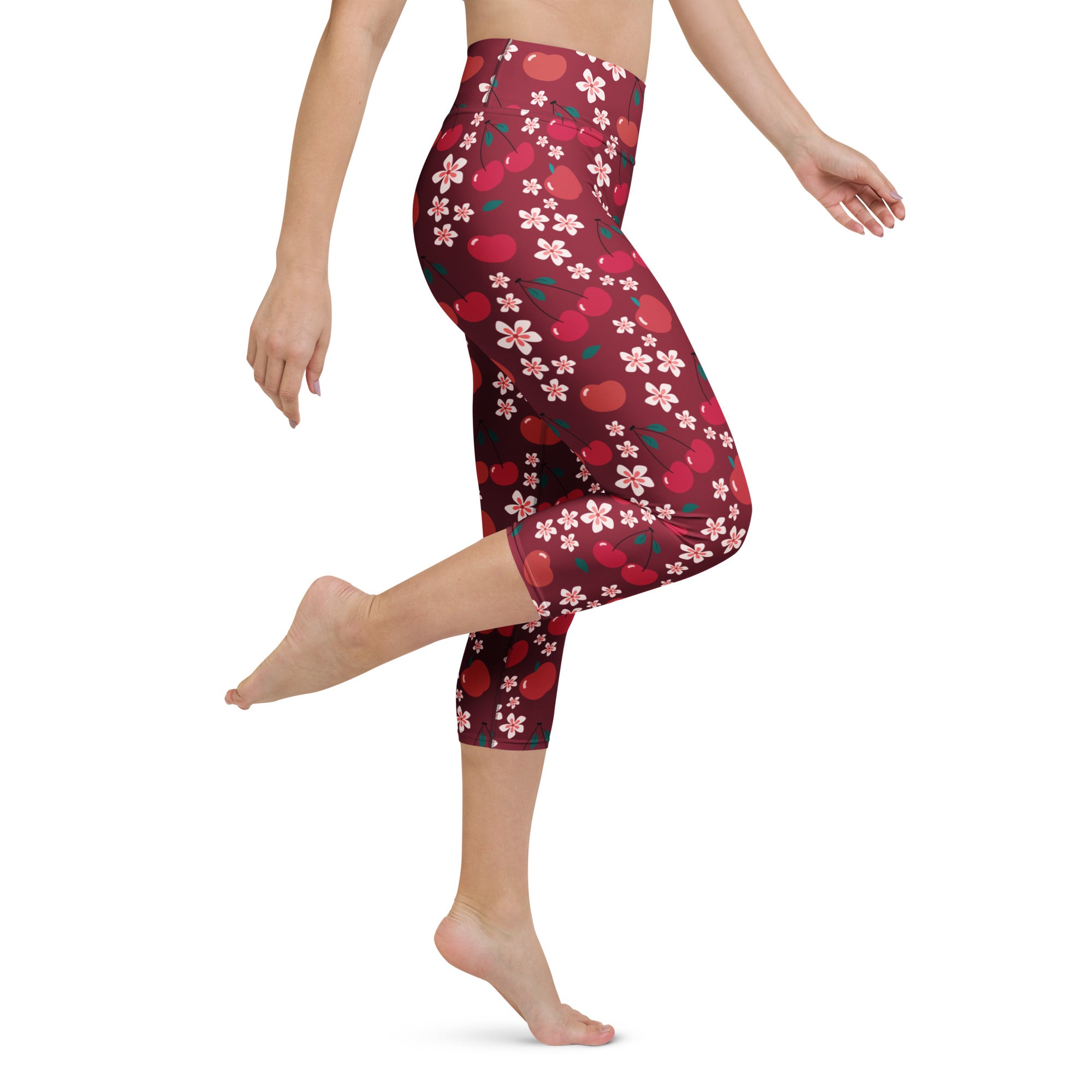 Women’s cherry blossom buttery soft yoga capri leggings with red cherry and pink flower pattern high rise and moisture wicking