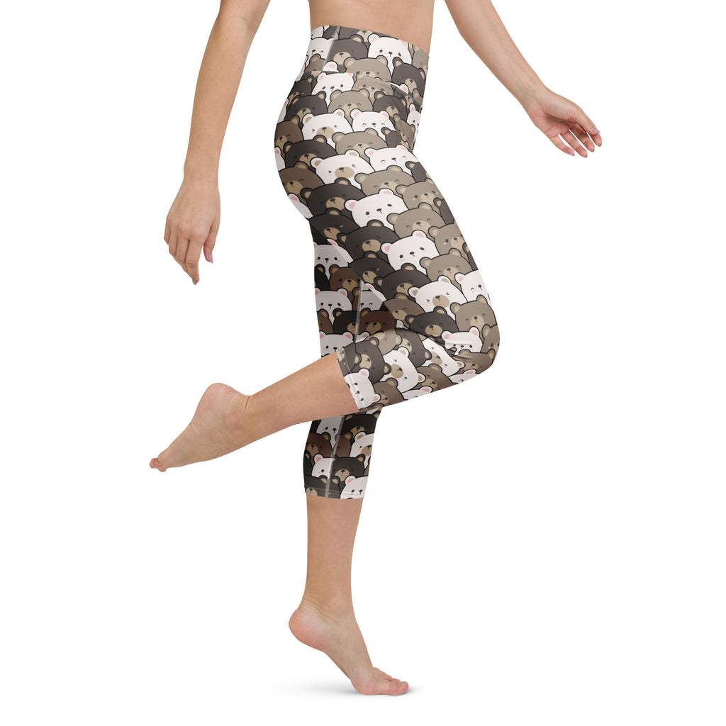 Women’s high-rise capri leggings in buttery soft stretchy fabric with moisture-wicking bear pattern in brown white and gray