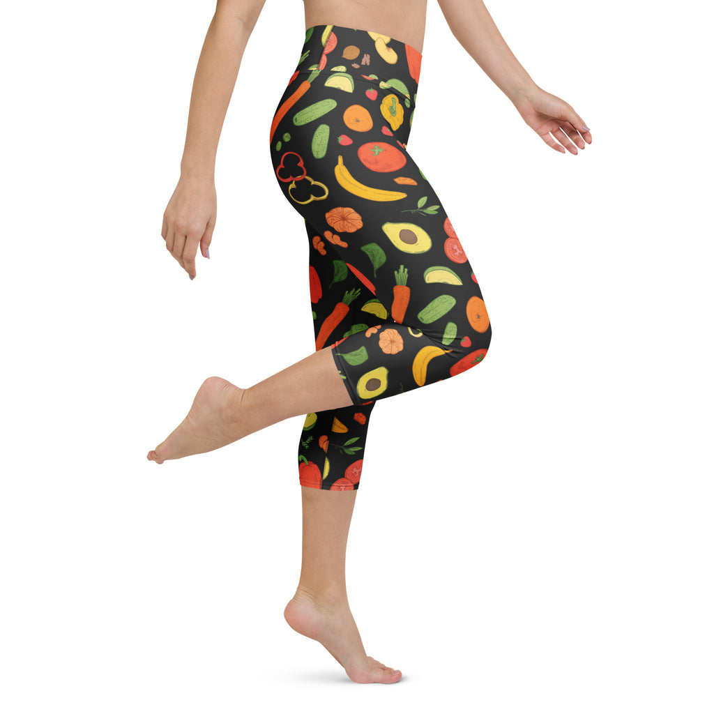 Women’s black high-rise capri leggings with vibrant vegetable print buttery soft moisture-wicking fabric