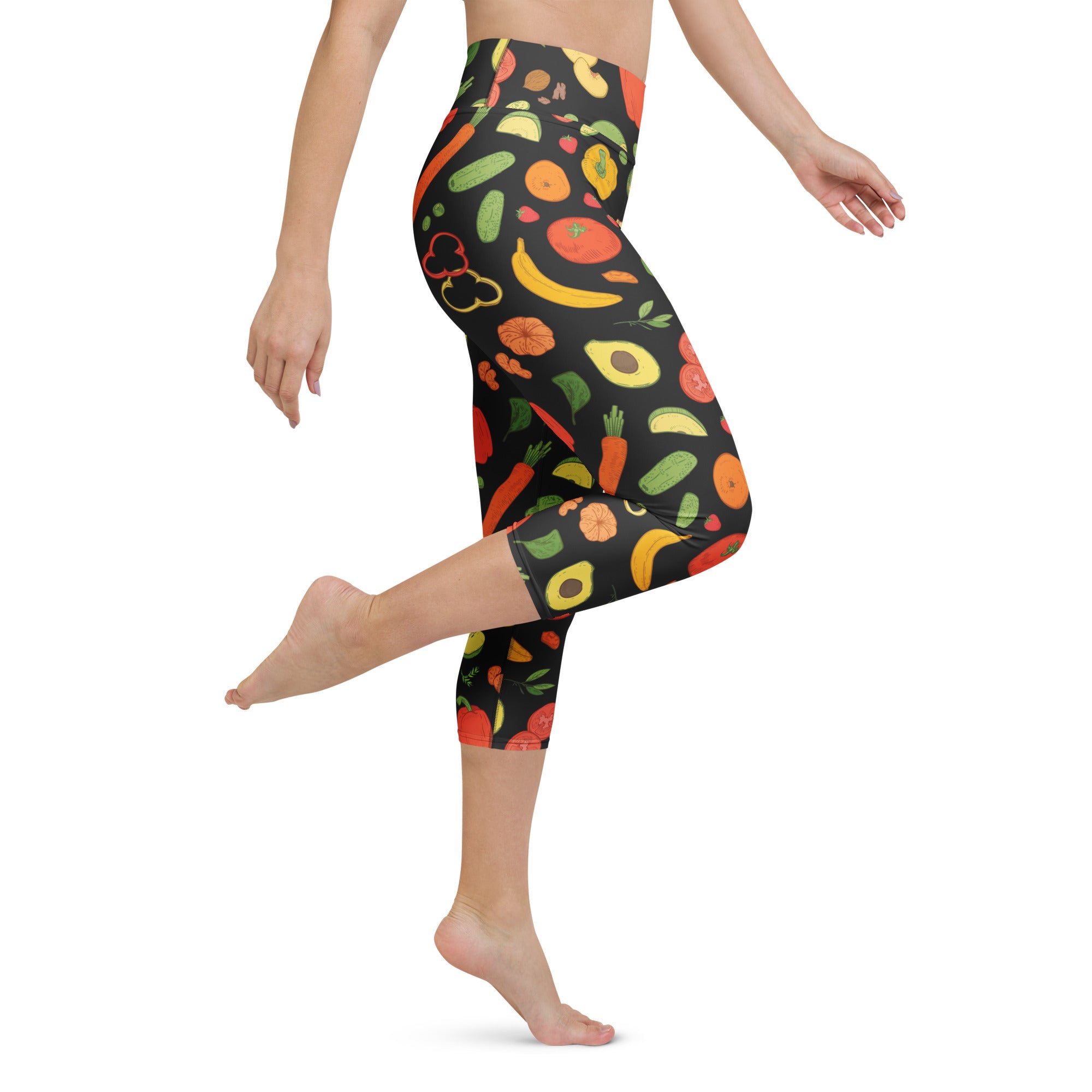 Women’s black high-rise capri leggings with vibrant vegetable print buttery soft moisture-wicking fabric