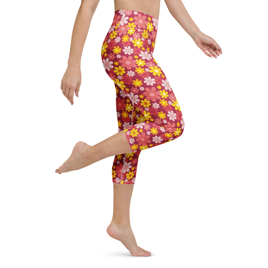 Women’s high-waisted red floral buttery soft yoga capri leggings with moisture-wicking stretch fabric