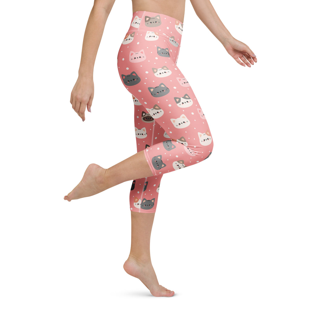 Women’s cute pink cat faces buttery soft high-rise yoga capri leggings with playful white gray and black cartoon cats pattern