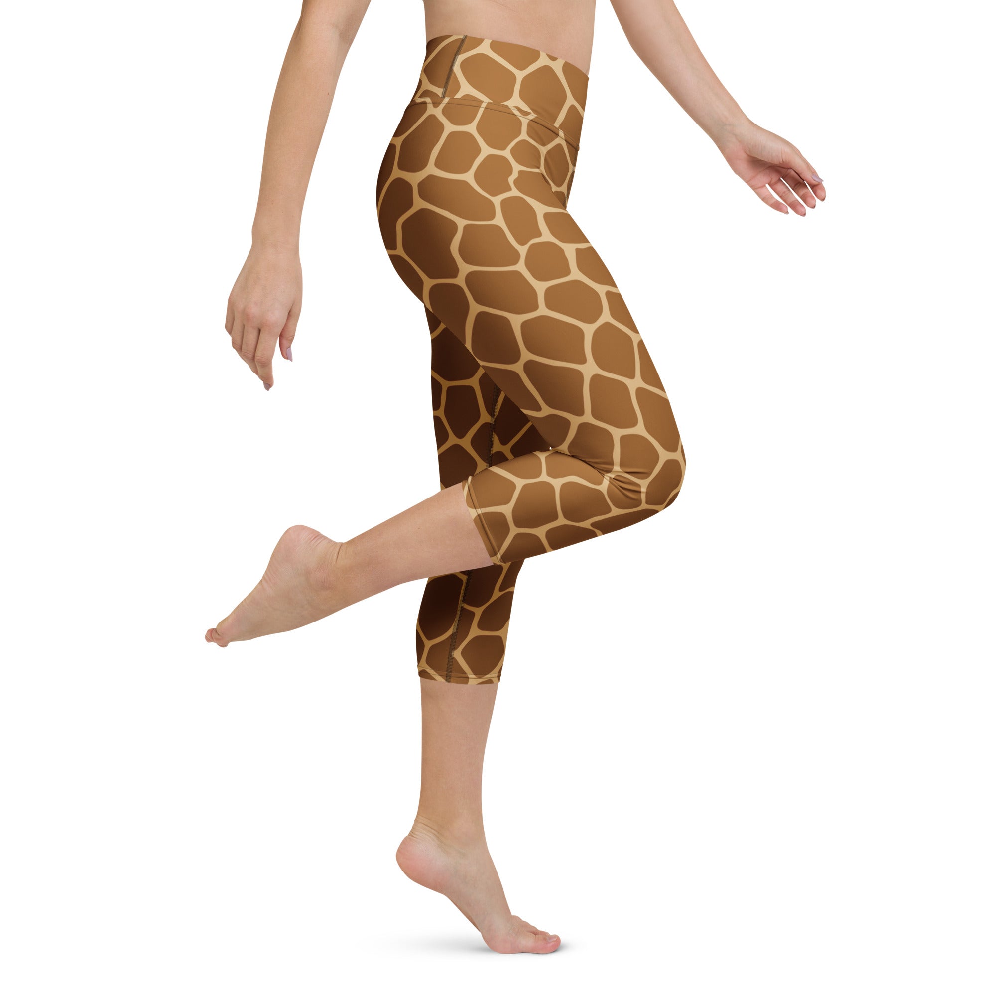 Women’s giraffe print buttery soft high-rise capri leggings in brown and cream with moisture-wicking stretch fabric