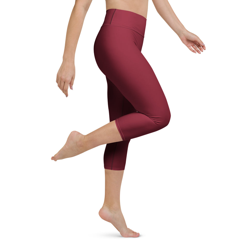Women’s burgundy high-rise stretchy capri leggings made of buttery soft moisture-wicking fabric for yoga