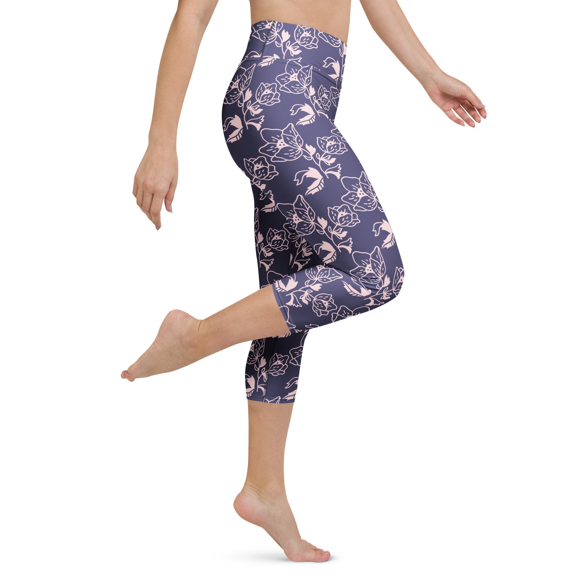 Women’s dark purple floral buttery soft high-rise yoga capri leggings with soft stretch and moisture-wicking fabric