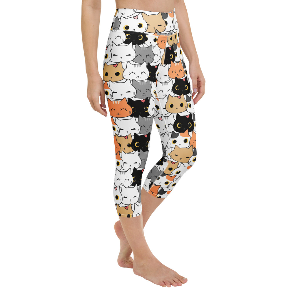 White capri leggings with high-rise moisture-wicking soft stretch fabric and colorful cartoon cat pattern for women