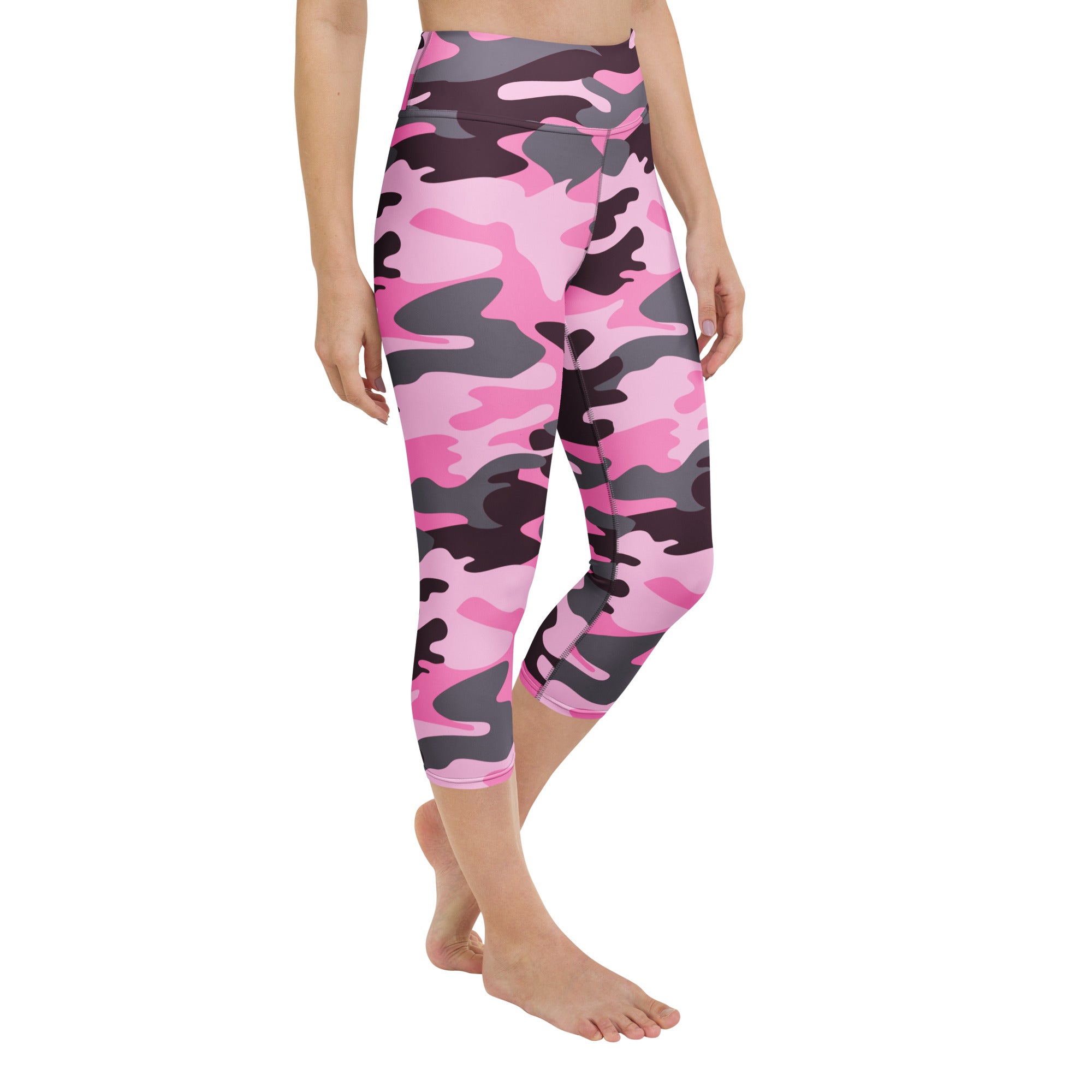 Women’s pink and gray camouflage high-rise buttery soft moisture-wicking yoga capri leggings shown from the back