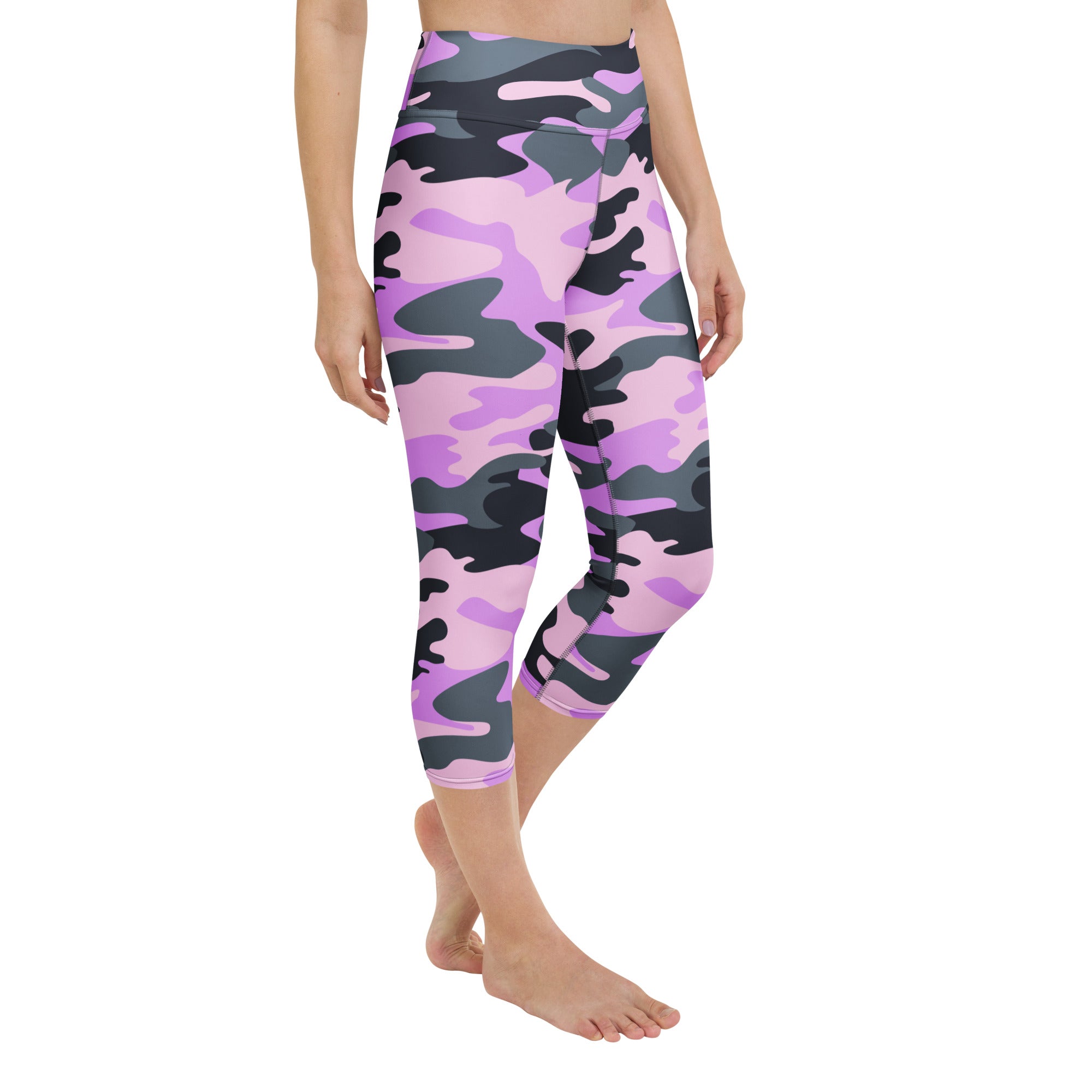 Women’s purple and black camouflage high-rise buttery soft moisture-wicking yoga capri leggings front view