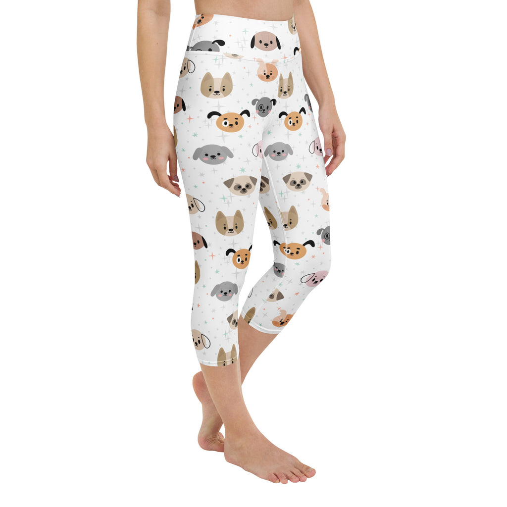 White high rise capri leggings with beige gray and brown cartoon dog pattern buttery soft moisture wicking fabric