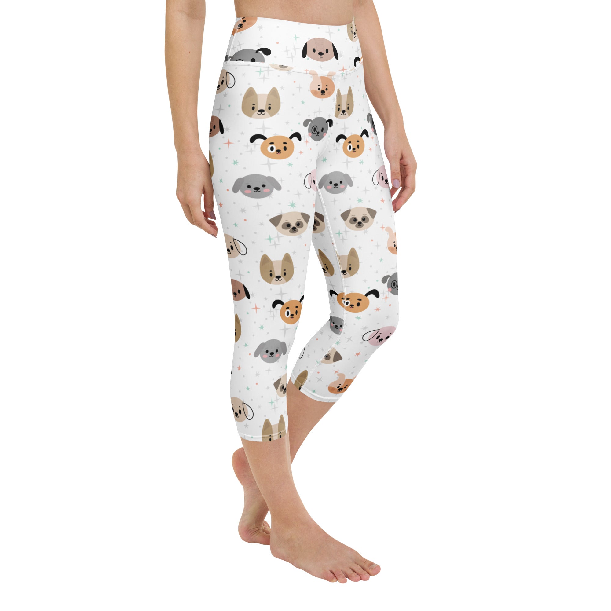 White high rise capri leggings with beige gray and brown cartoon dog pattern buttery soft moisture wicking fabric