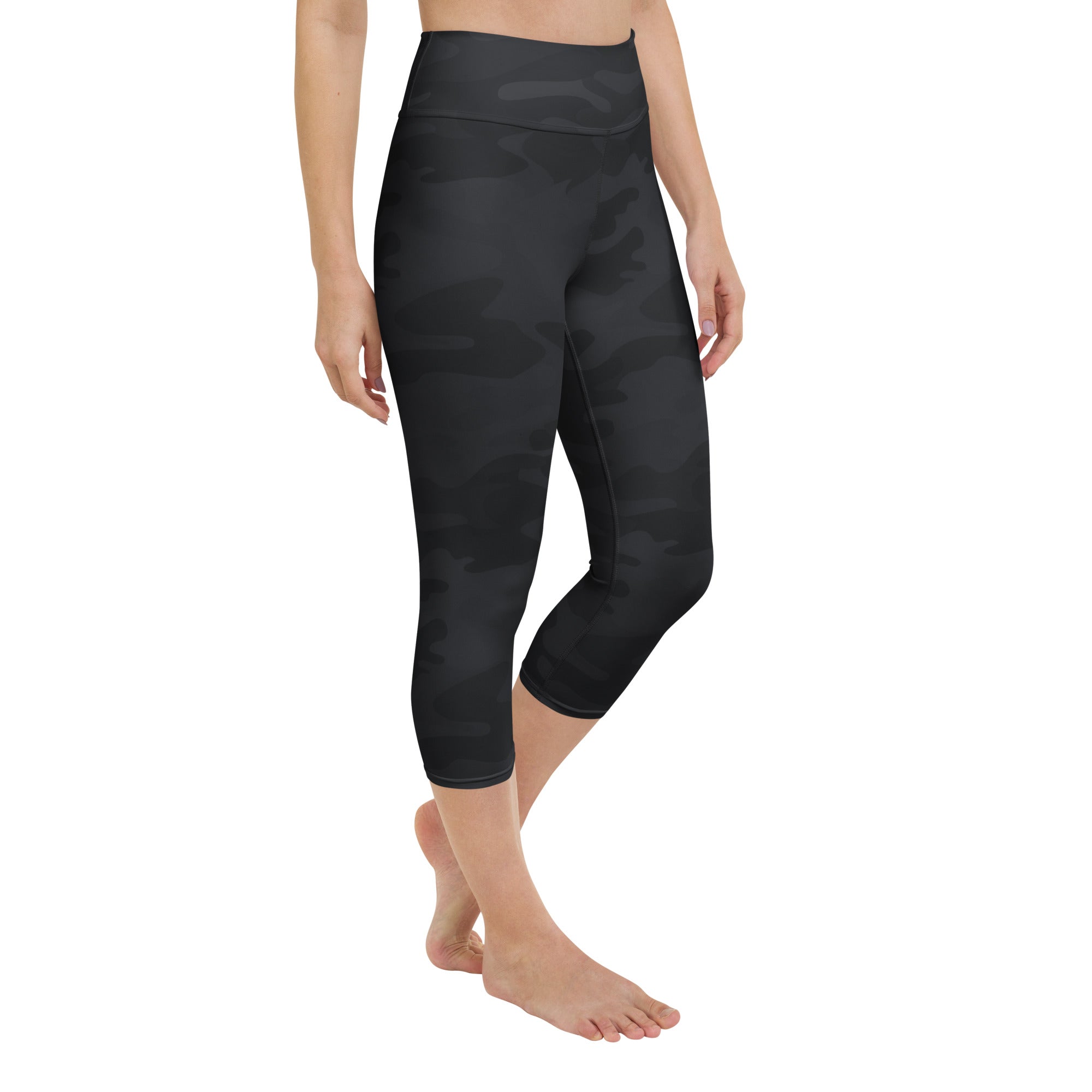 Women’s black camouflage buttery soft high-rise capri leggings with moisture-wicking soft stretch fabric