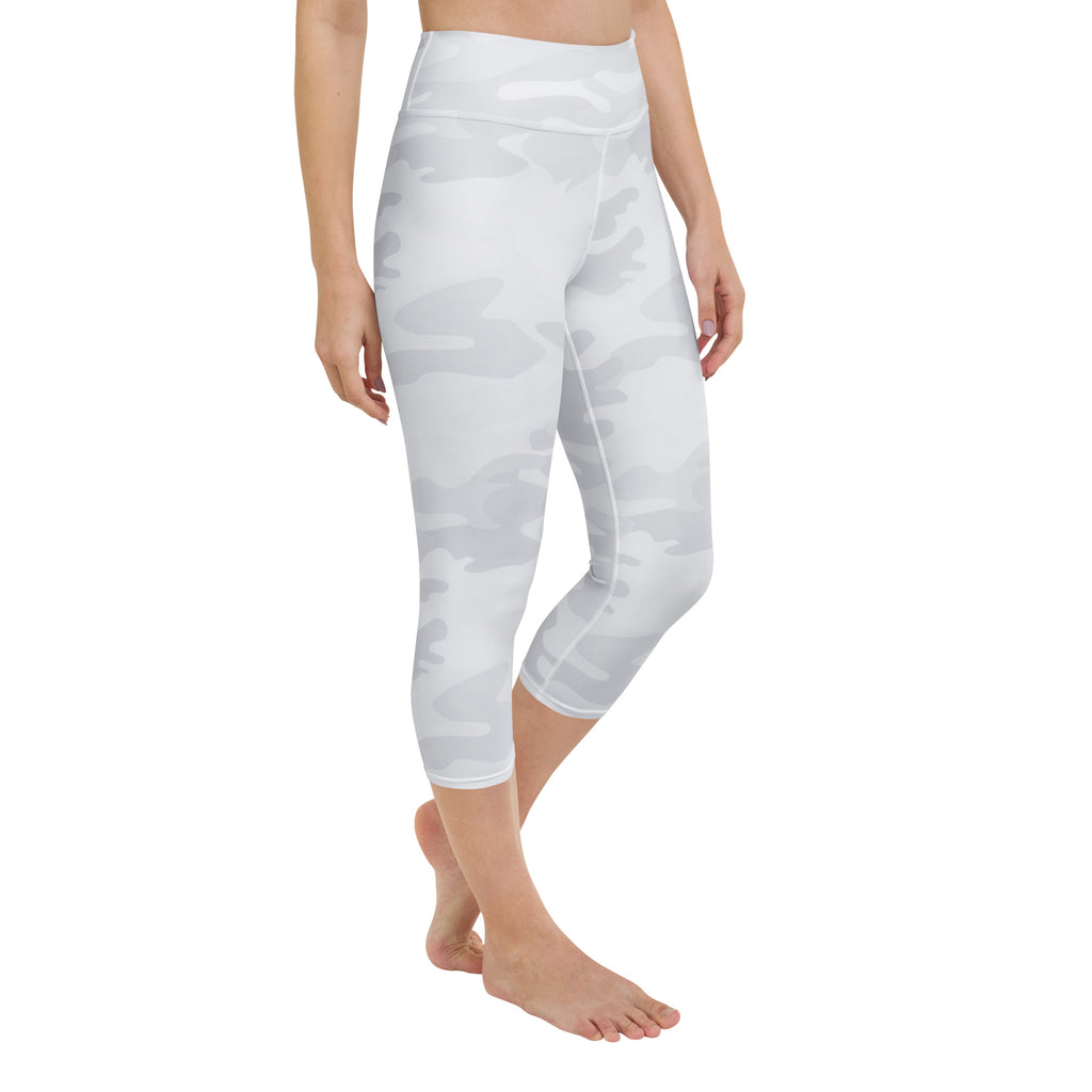 White camo capri leggings with a subtle pattern worn by a person on a white background